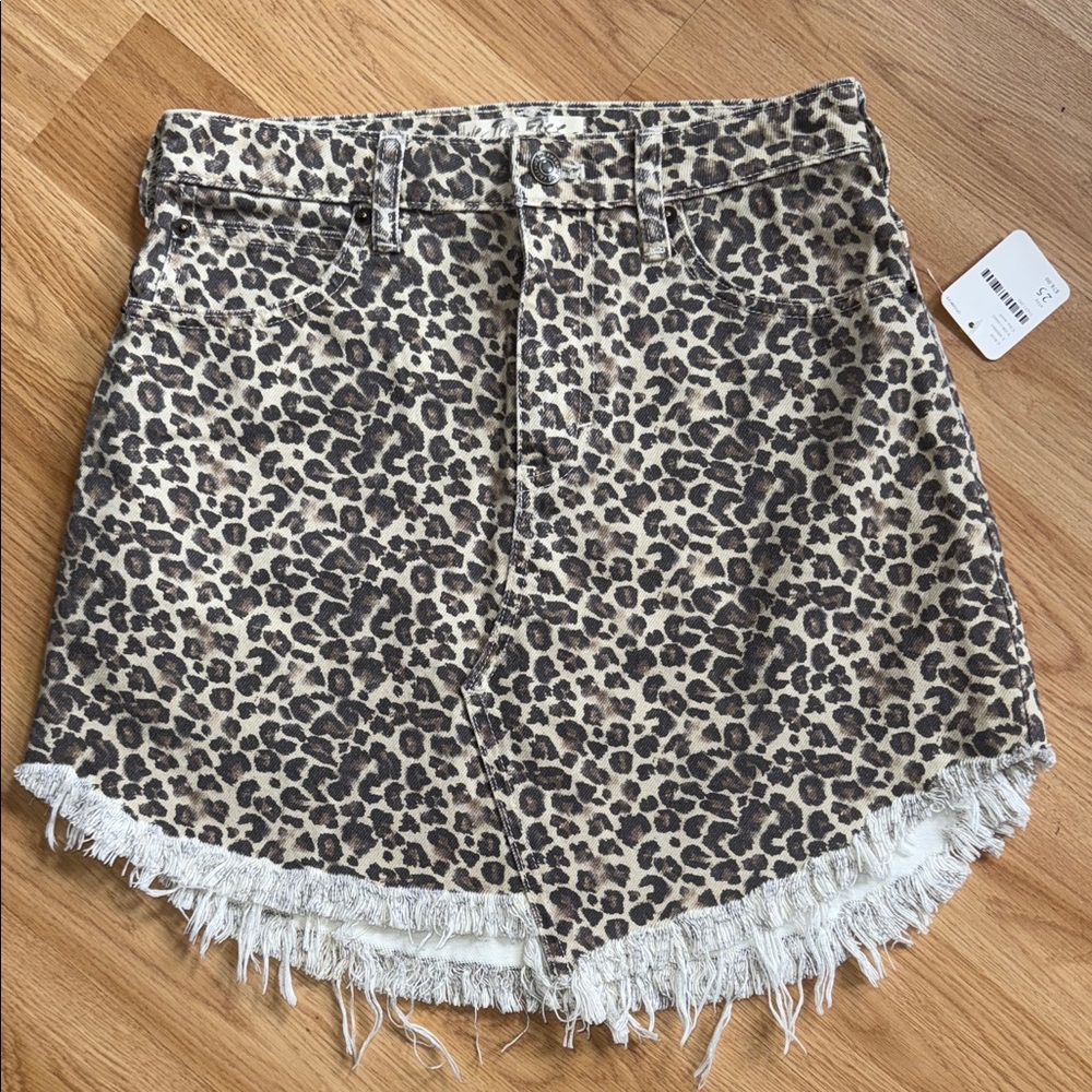 NWT Free People Leopard Print Frayed Hem Skirt Jean Size 25